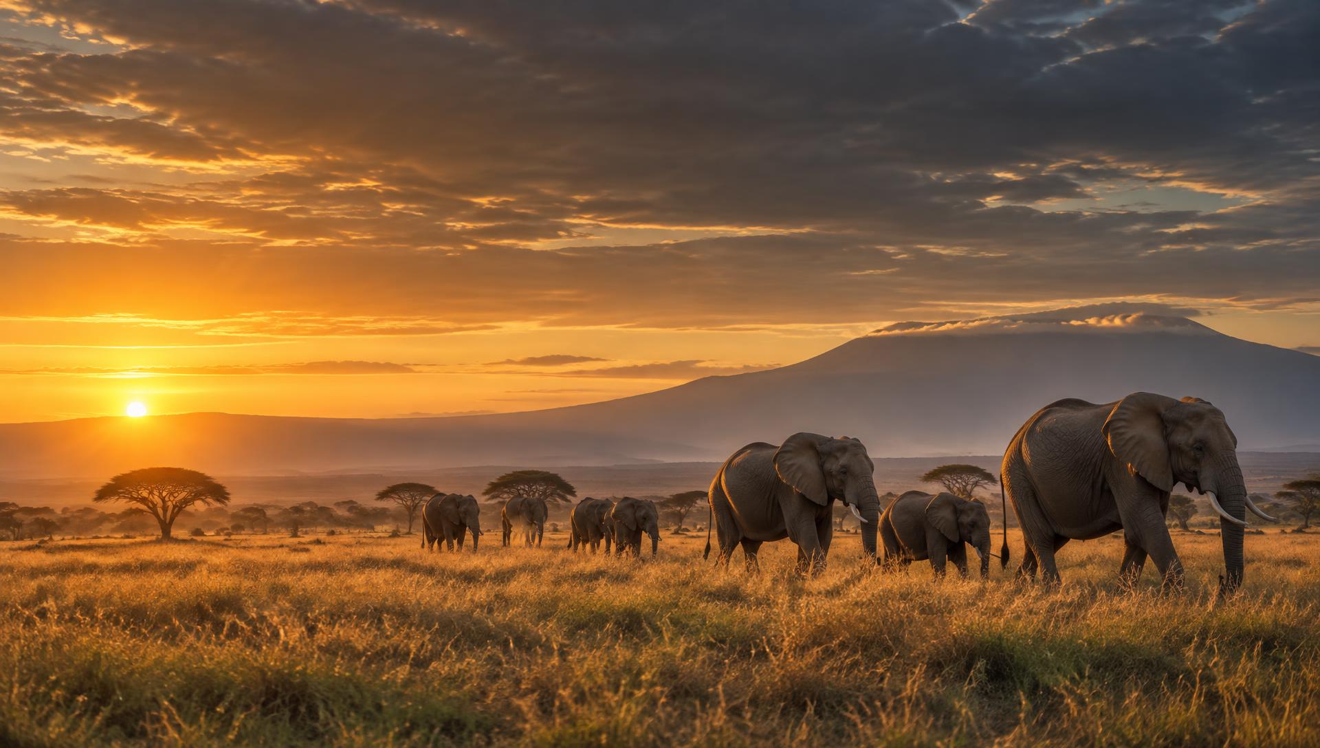 Elephants crossing the Tanzanian savannah at sunset